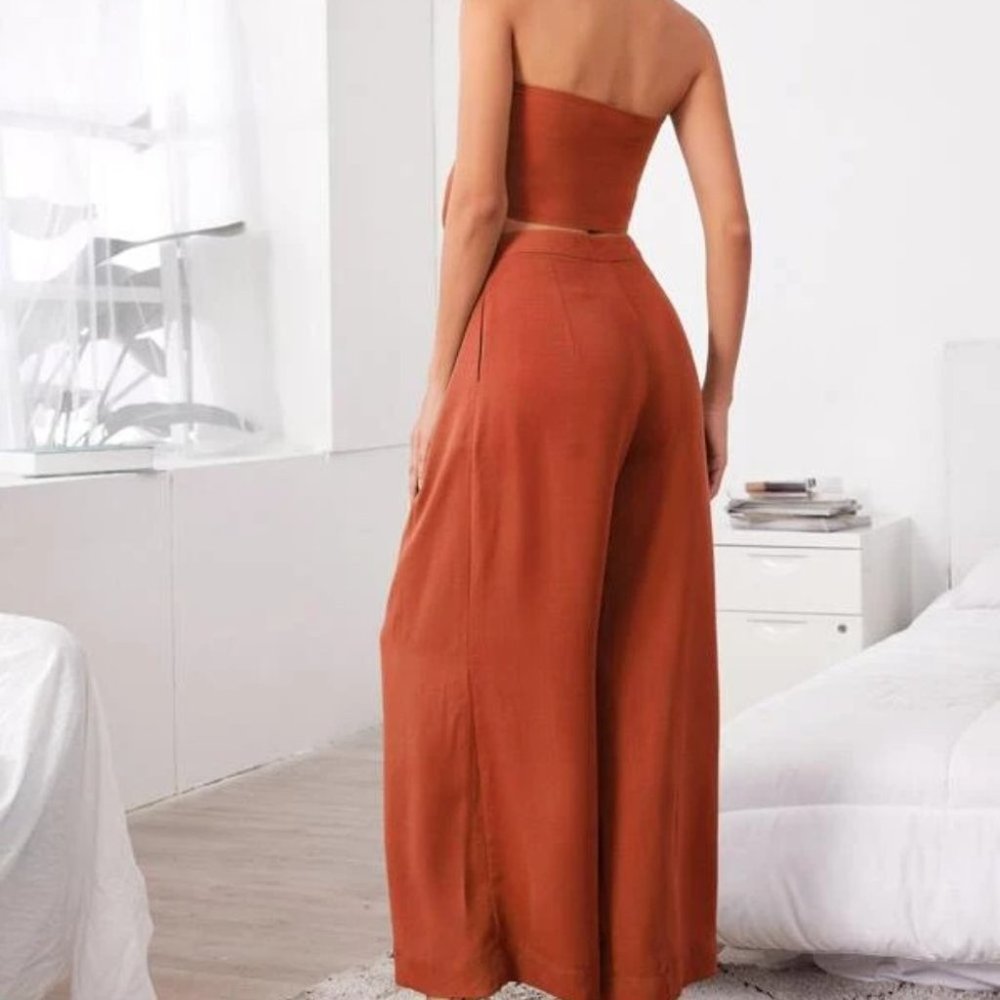 Boho 2 Piece Tie Front Tube Top & Pleated Wide Leg Pants Set  burnt orange - Picture 5 of 12